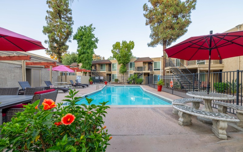 a pool in a courtyard with red umbrellas and trees