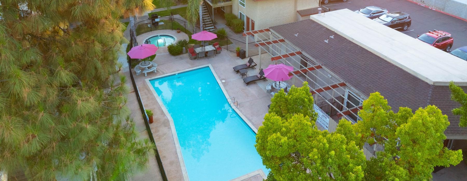 a swimming pool surrounded by trees