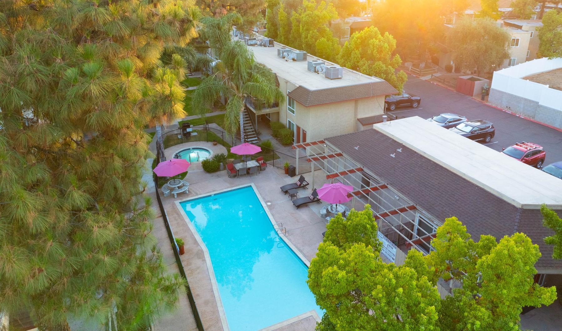 a swimming pool surrounded by trees