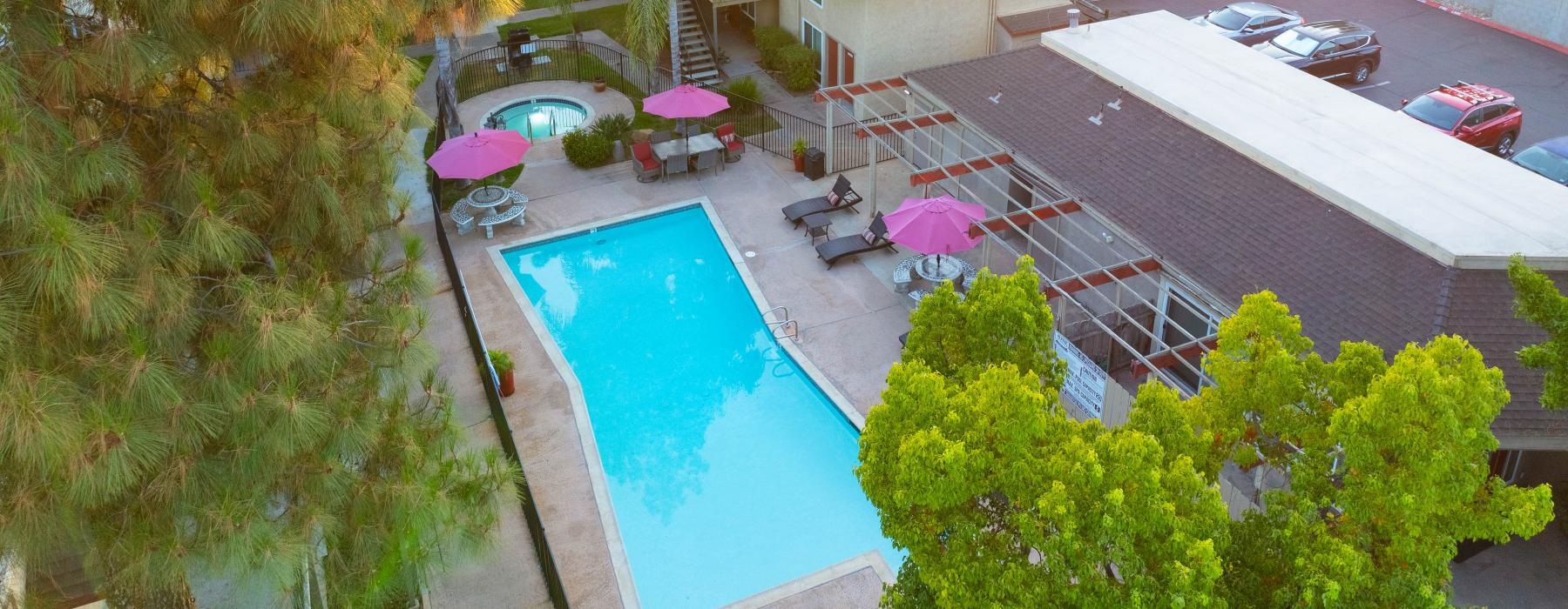 a swimming pool surrounded by trees