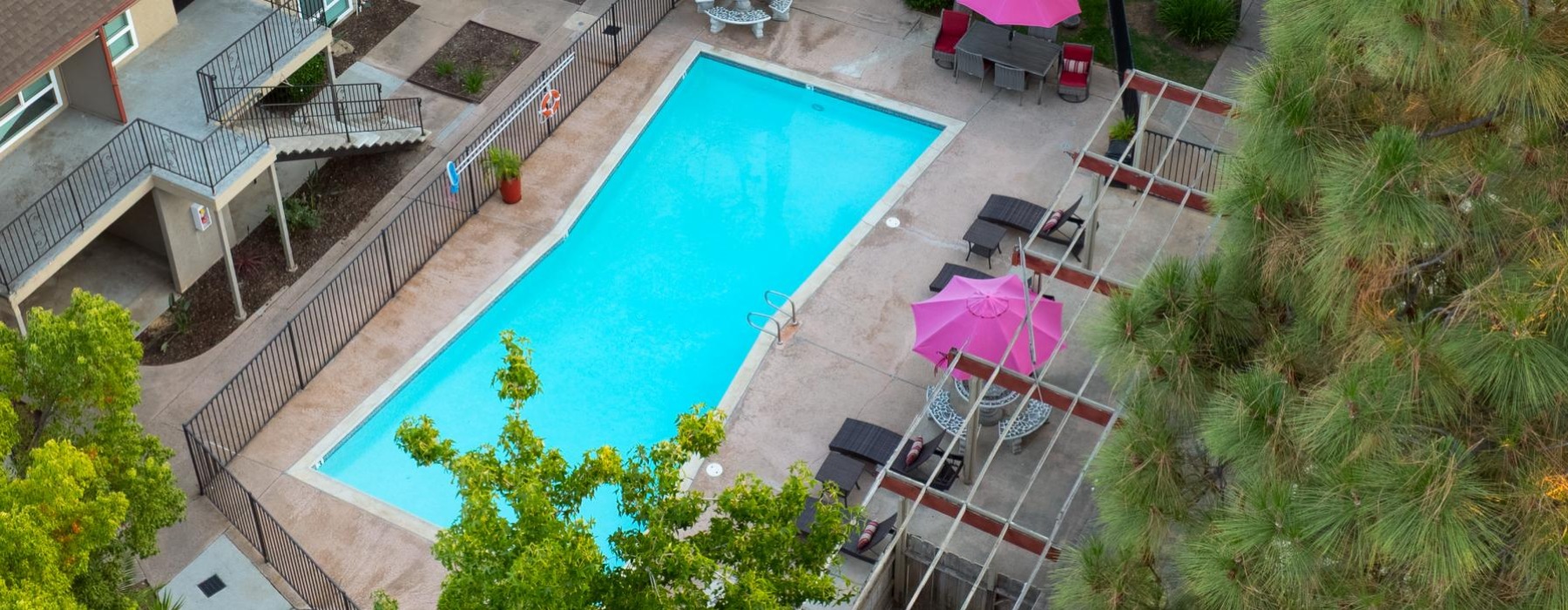 a swimming pool surrounded by trees